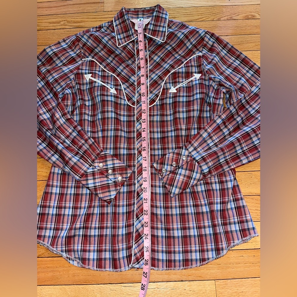 VINTAGE 1950 H BAR C Ranchwear RED Embroidered Plaid Pearl Snap Western Shirt 38 - Picture 5 of 8